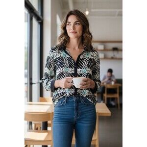 Lafayette 148 Women’s 100% Silk Blouse Size 12 Geometric Colorful Top Workwear